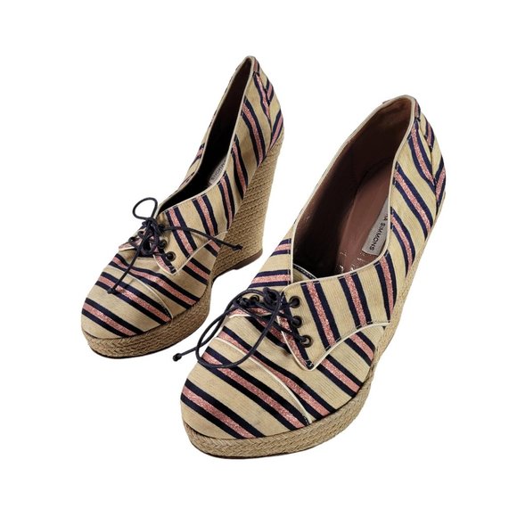 Tabitha Simmons STRIPED OXFORD WEDGE Pink Navy Espadrille Heels Women Sz 7.5 - Picture 2 of 11